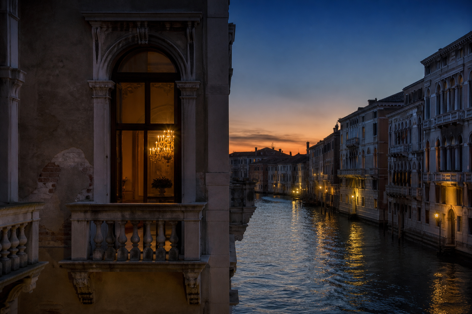A palazzo window over a Venetian canal at dusk