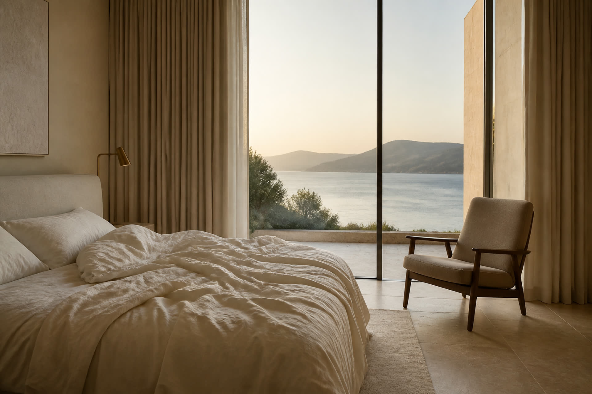 A corner suite at first light, a window onto water