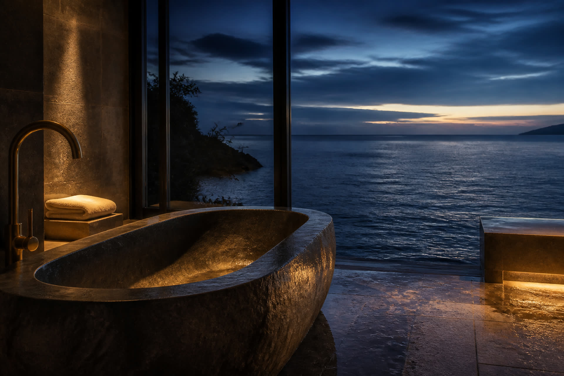 A stone bath looking onto dark sea
