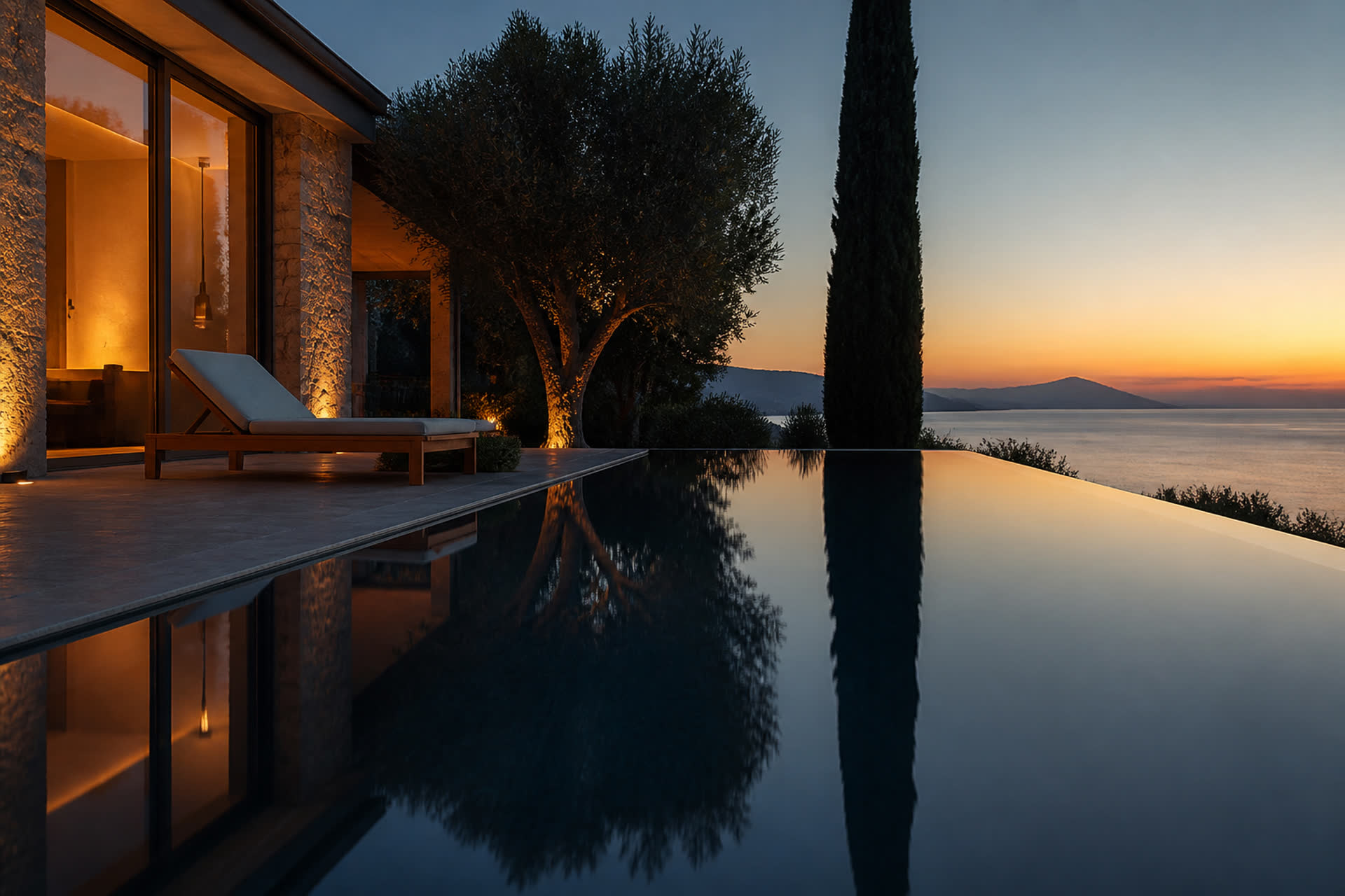 A pool edge at dusk