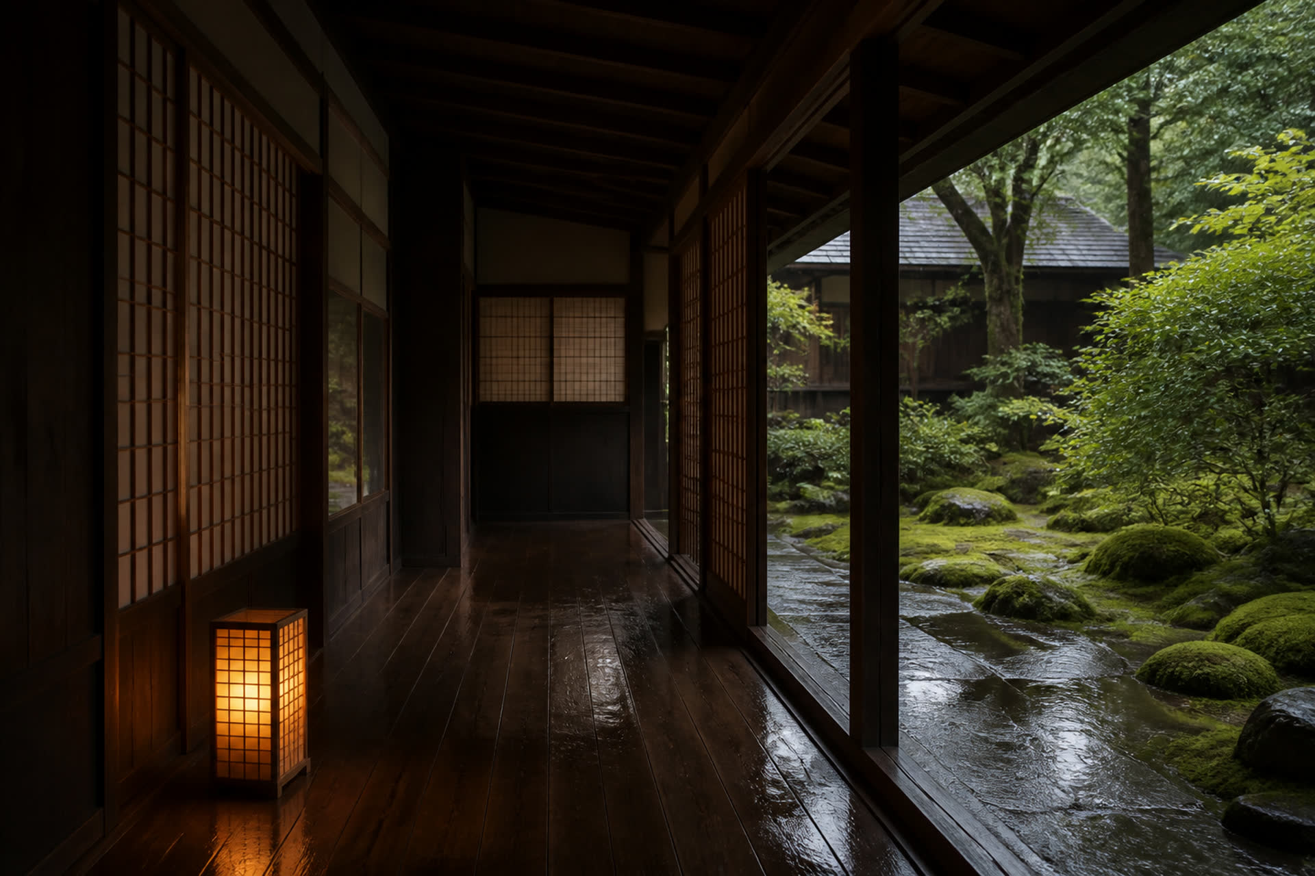 A Japanese inn corridor onto a moss garden