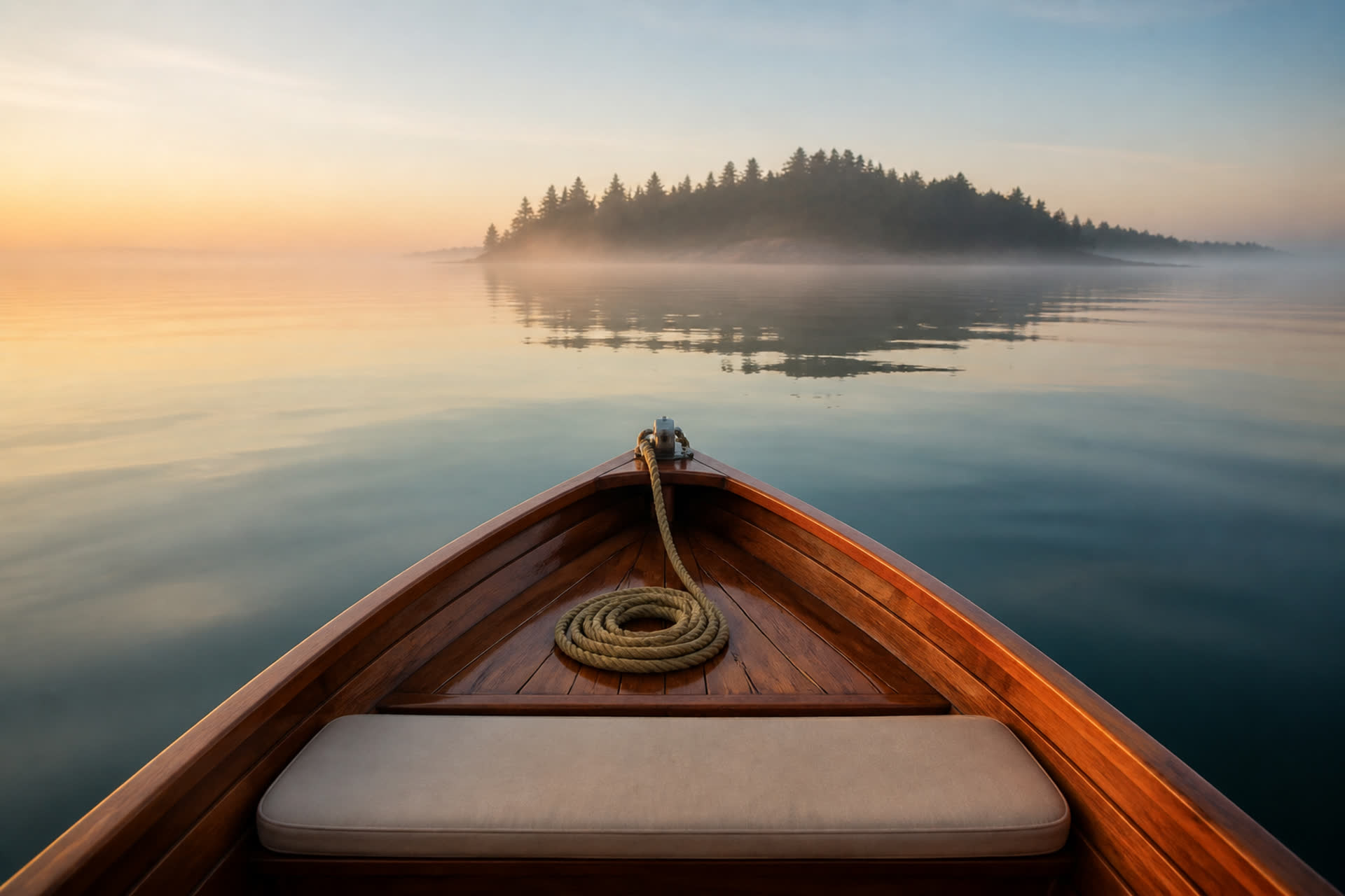The bow of a small boat at dawn